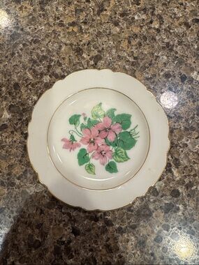 Vintage Japan Ucagco Mini Ceramic Plate w/ Purple Flowers & Gold Trim